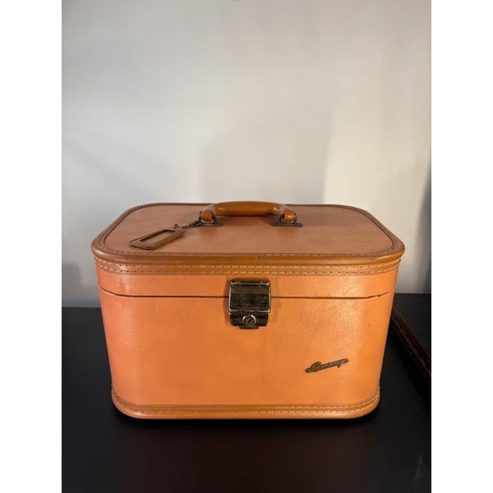 Vintage Samsonite Tan Train Case Cosmetic Travel Case Mirror